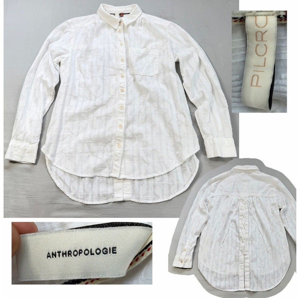 PILCRO Anthropologie Theresa Laced Back Button Up SMALL White Top Textured Boho - Picture 3 of 14